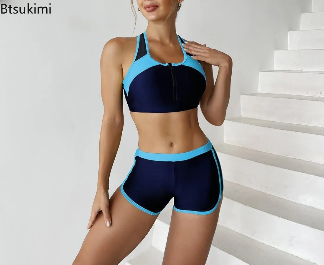 2025 Two Piece Swimsuit Women Zipper Tankini Set High Waist Shorts Swimwear Female Bathing Swimming Suit Sports Beachwear Summer