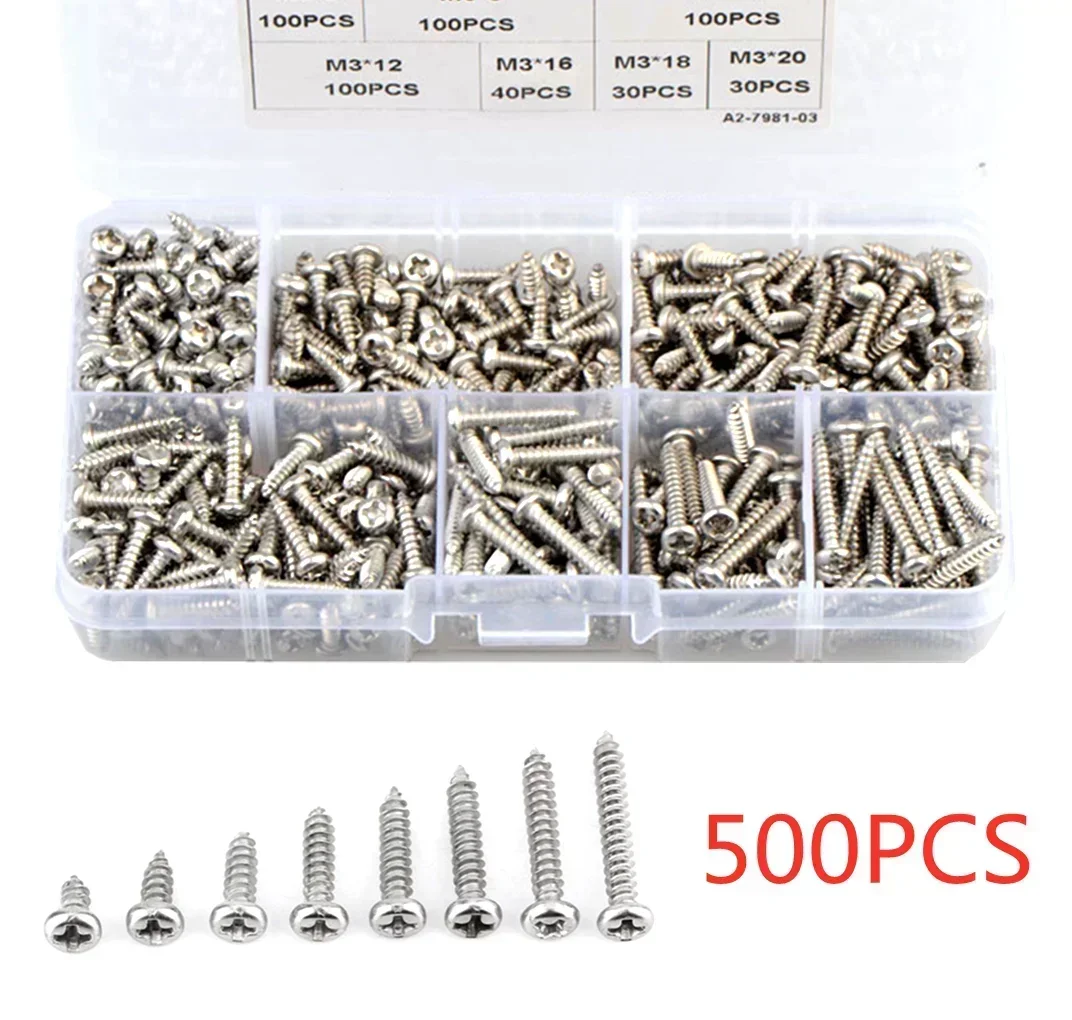 

500pcs M3 stainless steel 304 Cross Pan Head Self Tapping Screw Combination Set Phillips Round Head Screw Kit e