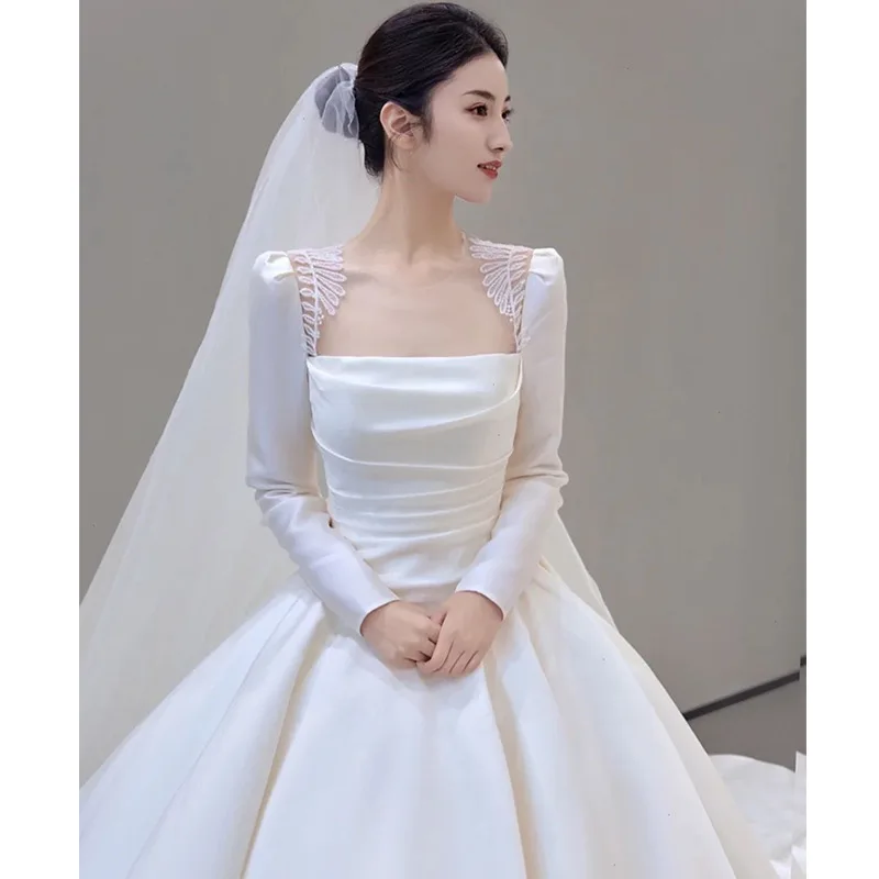 2024 New Simple Long Sleeve Satin Wedding Dresses For Women Elegant Square Collar Ball Gown Bridal Dress Tasse Vestido De Novia