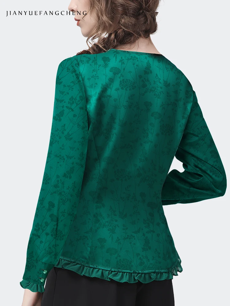 Vintage Women\' Long Sleeve Green Jacquard Blouse Elegant Slim V-Neck Irregular Button Tops 2022 Autumn New Ladies Casual Shirts