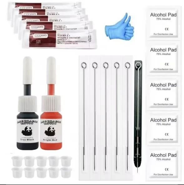 Hand‑poke Tattoo Kit for Self‑Learning, DIY Manual Tattoo Set, Including Tattoo Needles, Tattoo Ink, Aftercare Balm & Alcohol Pa