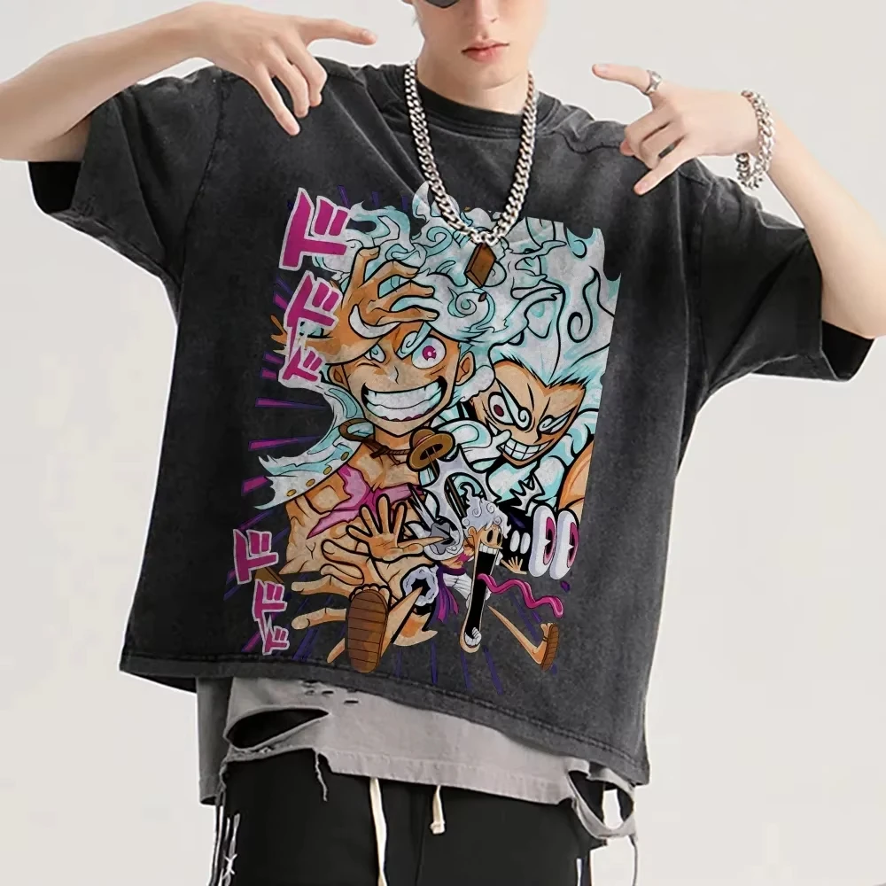 

One Piece Anime Print Acid Wash T-Shirt Casual Fashion Men's Street Wear Men's T-Shirt Washed and Old Comfortable Pop