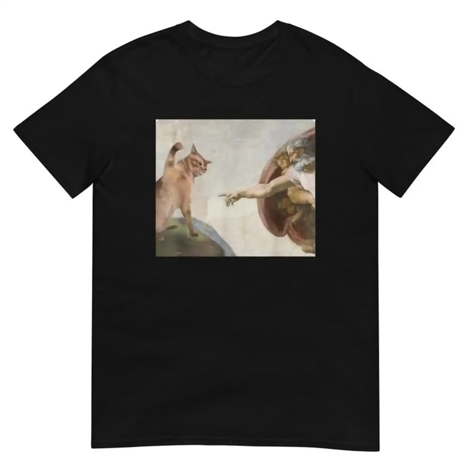 Funny Creation of Adam Parody Cat T Shirt Soft Cotton Casual Cute for Lovers Aesthetic Feline Top vintage Washed Stretched