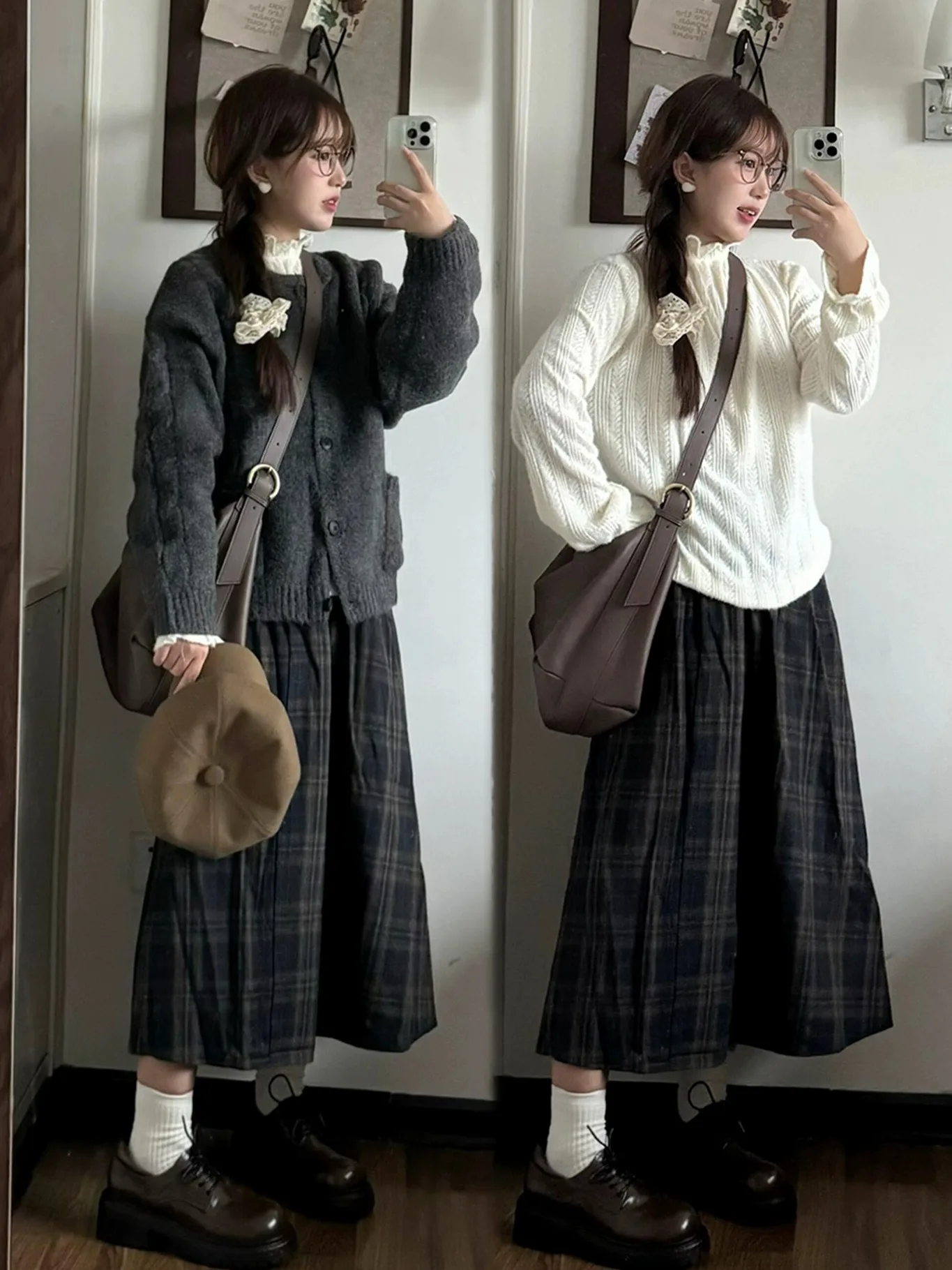 

Winter Faion plus Size Women's Knitted Sweater And Plaid Skirt Set Vintage Sle Base Layer irt And Skirt Ensemble