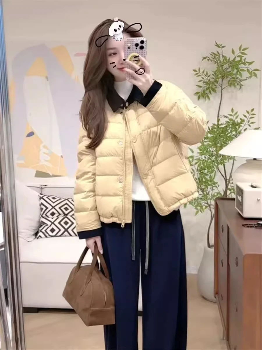 

Color Block Short down Jacket Women's Casual Thick Warm Cotton Coat Korean Style Commute Loose Fit Polyester Inner Liner