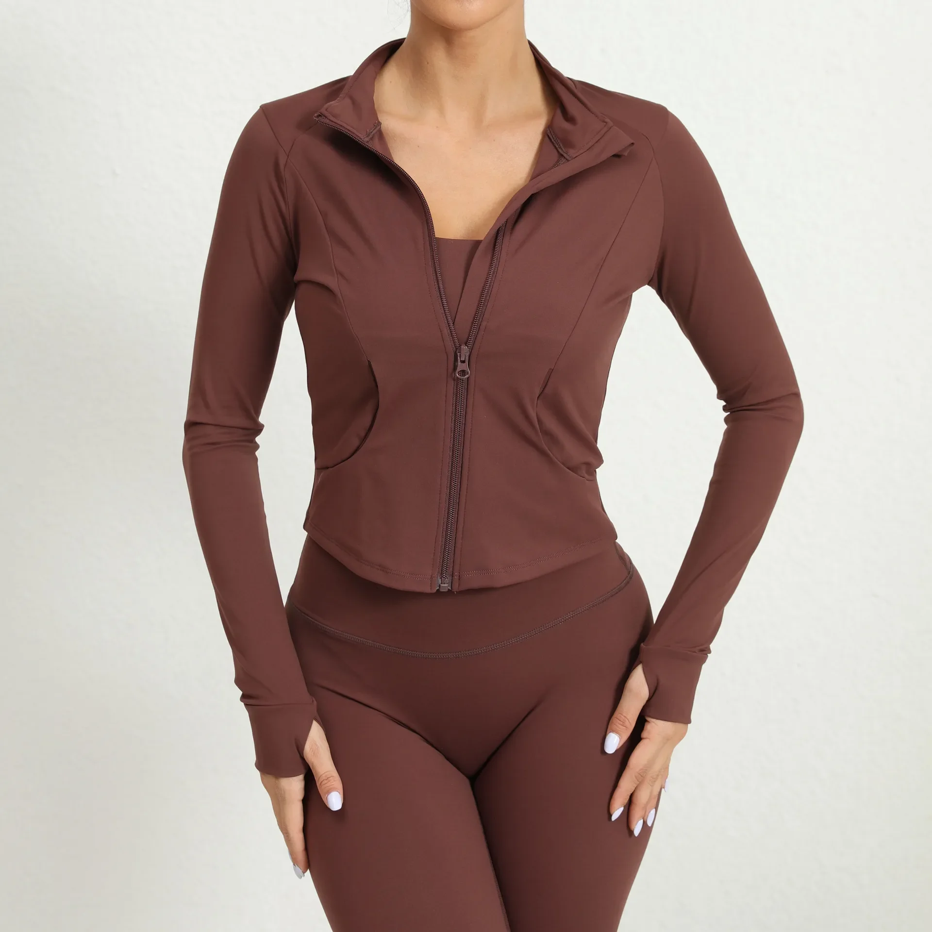 Chaqueta de Yoga para correr al aire libre para mujer, Top deportivo ajustado de manga larga con cuello alto y cremallera, secado rápido, Otoño e Invierno