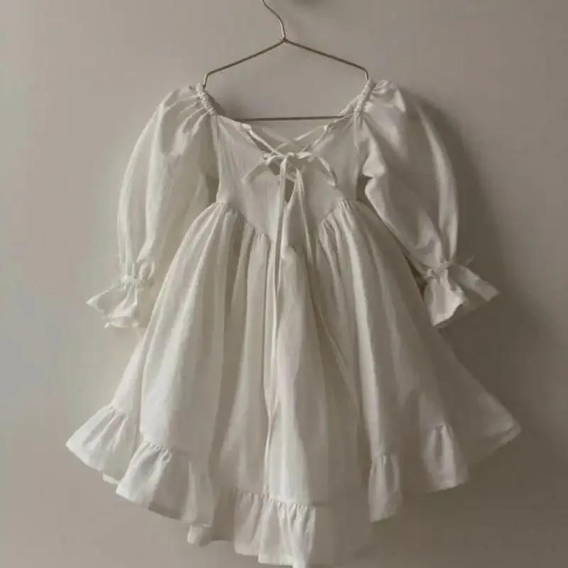 Infantil Ruffle Puff Sleeves Lolita Vestido de princesa, Algodão, Linho, Doce, Sólido, Casual, Roupa de bebê, Menina, Criança, Primavera, Outono