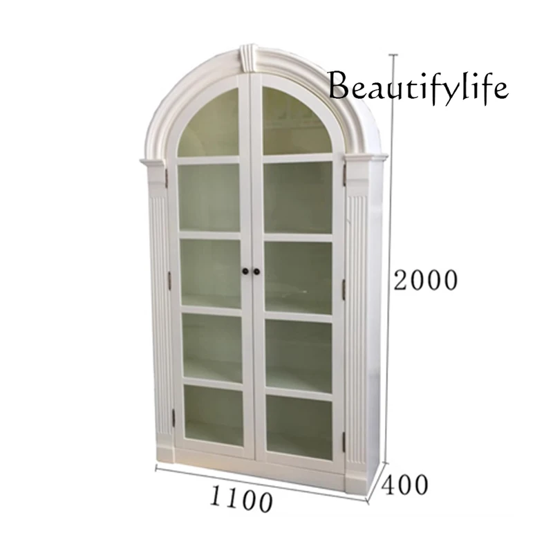 

French Cream Style Solid Wood Bookcase American Retro Arch Curio Cabinet Glass Double Door Display Cabinet