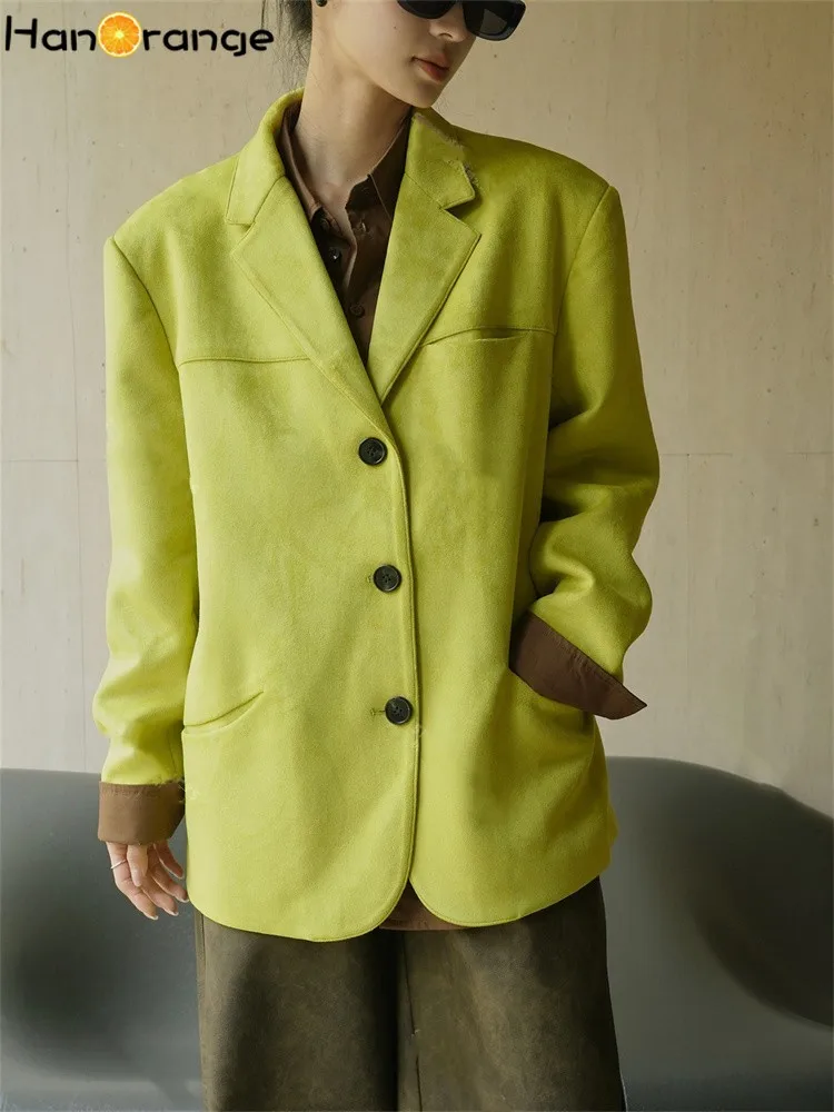 HanOrange 2024 Winter Vintage Curved Pocket Suit Jacket Women Loose Straight Blazer Female Brown/Yellow Green