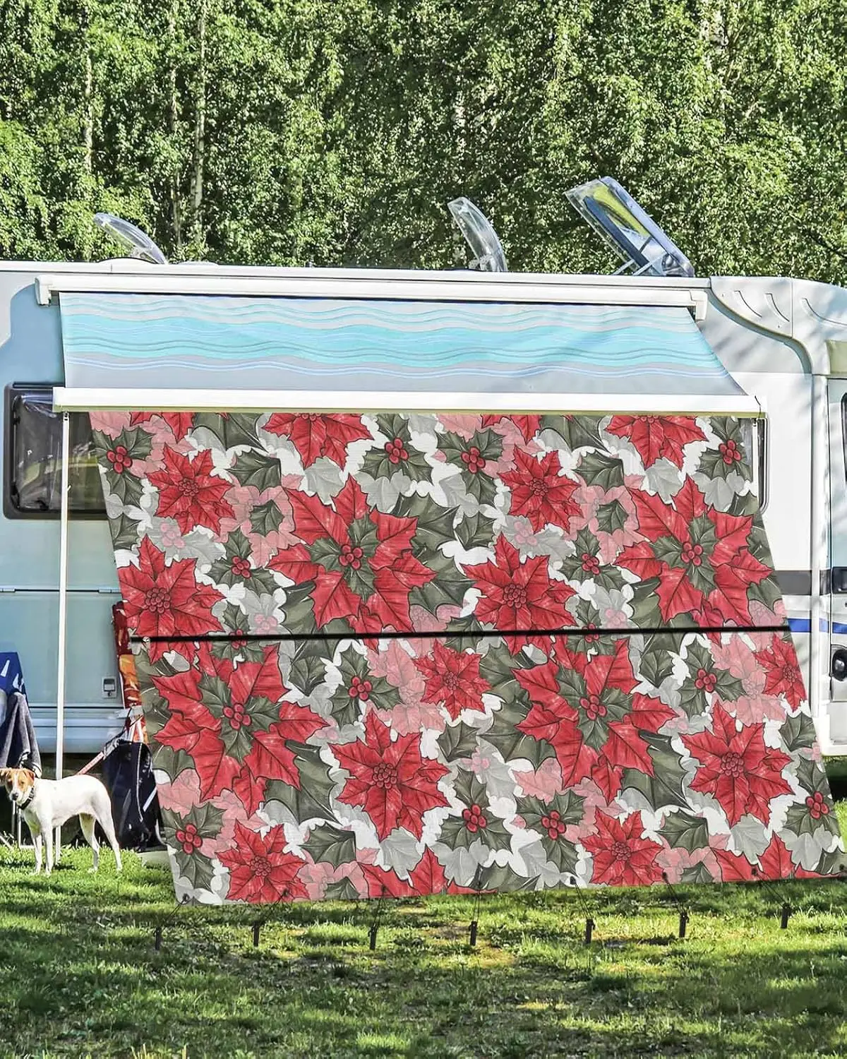 Rv Awning Sun Shade Screen 9' X 15'3"", Christmas Poinsettia Mesh Rv Awning Shades Complete Kits, Xmas Floral Botanical Red