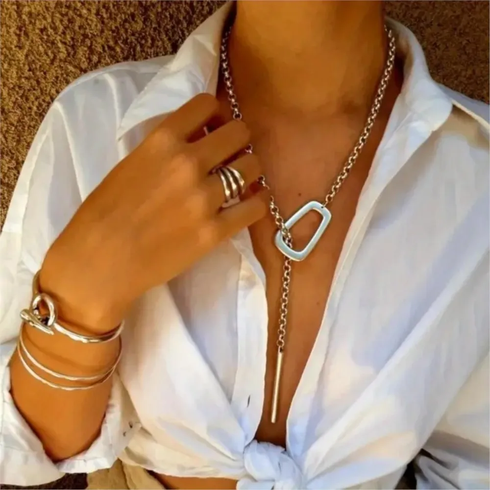 Stainless Steel Vintage Boho Style Long Bold Y-Shaped Design Pendant Necklace for Women Trendy Clavicle Chain Jewelry Gifts