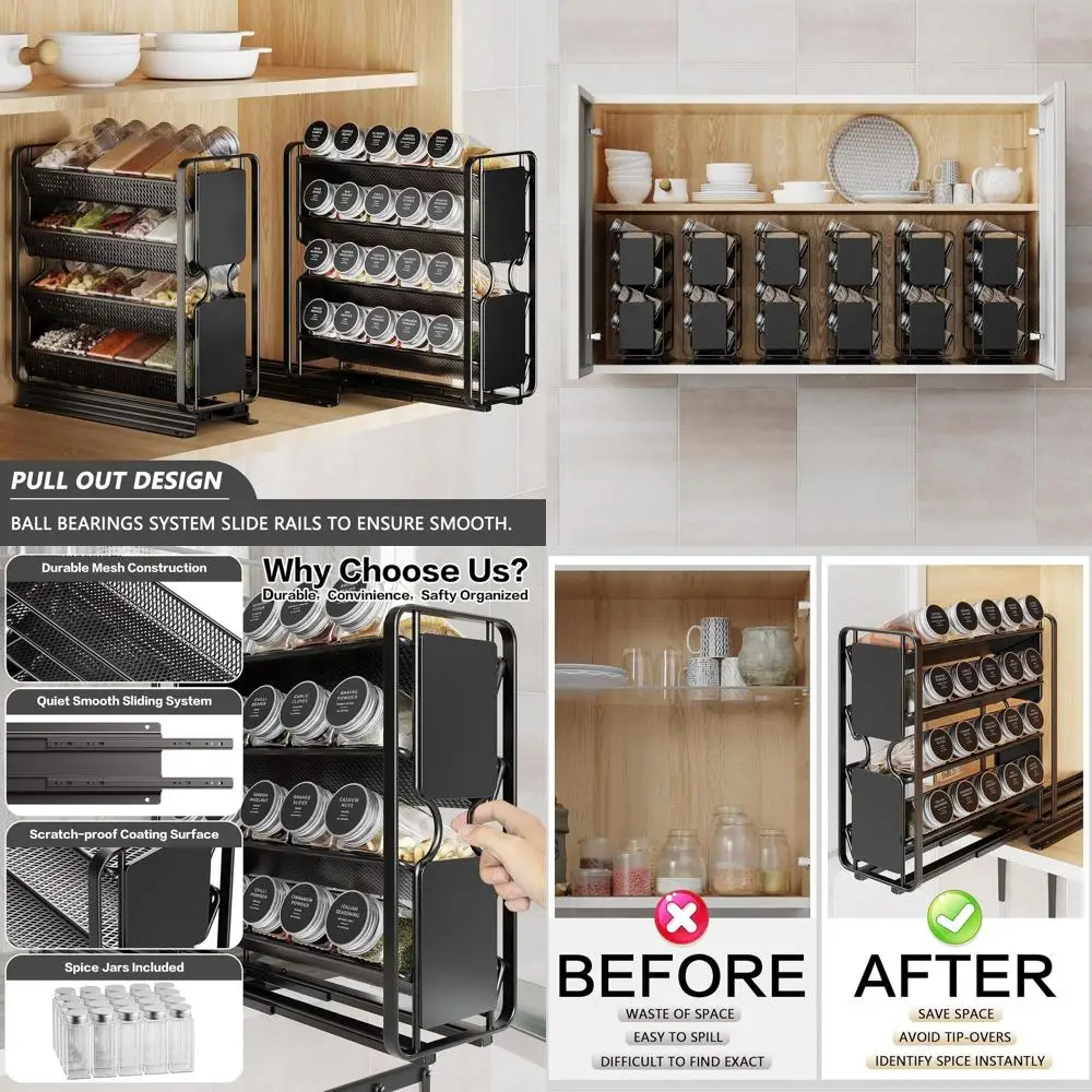 

Pull-Out Spice Rack with 20 Jars for Left/Right Mounting, Labeled, Chalkboard, 4-Tier Kitchen Storage