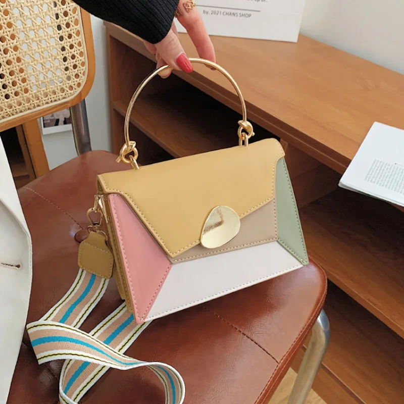 Women's Color Block Hand Shoulder Bag Trendy Golden Metal hand Crossbody Bag 2024 New Style Chain PU Leather Square Bag