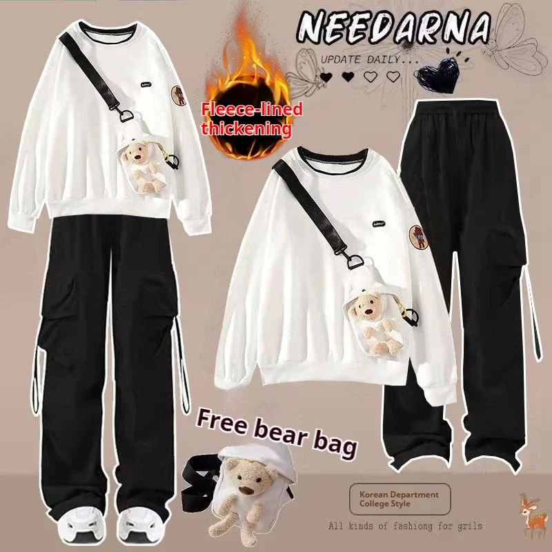 Harajuku Winter Warm Sweatshirt Pants 1 or 2 Piece Set Women Korean Cute Bear Hoodies and Trousers Suit Men Kawaii Clothes