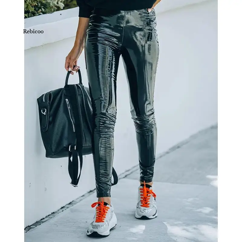 PU imitation leather pants Womens Faux Leather Elastic Long Trouser Ladies Soft Strethcy Shiny Wet Look Leggings Female Pants