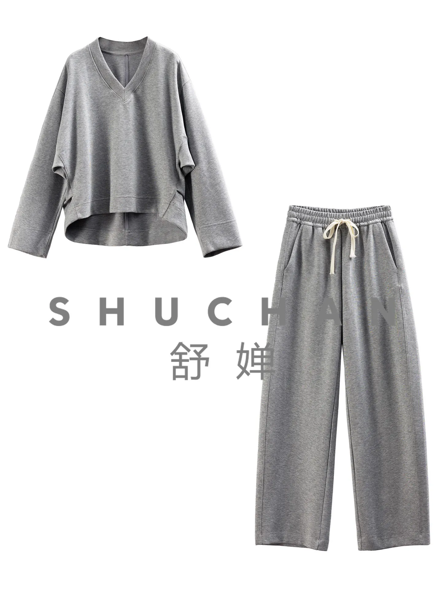 

French Design Pinch Pleated V-neck Sweater + Wide-leg Sickle Pants Suit Women's 92I2 Womens Two Peice Sets