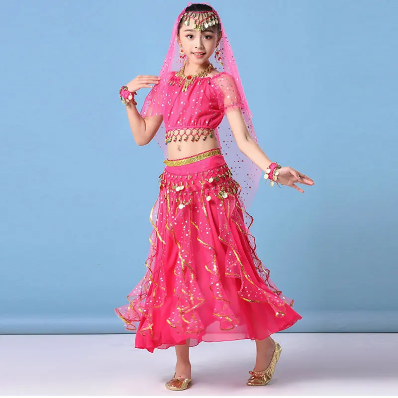 Zestaw kostiumów do tańca brzucha dla dzieci, inspirowany księżniczką Jasmine, arabski strój do występów dla dziewczynek, sukienka na imprezę, strój sceniczny do występów.