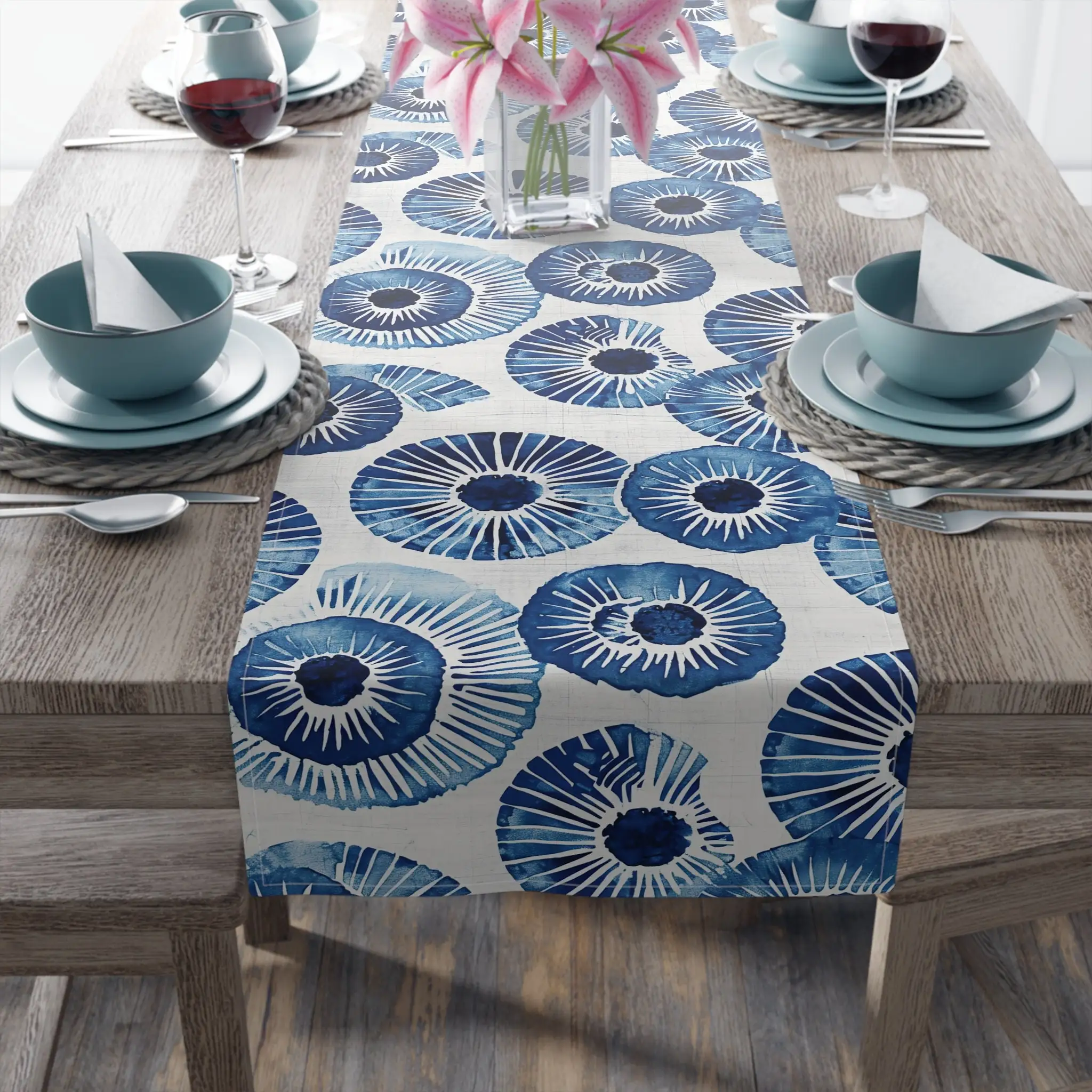 Blue White Nautical Shell Table Runner, Ocean Coastal Kitchen Dining Room Table Scarf Everyday Celebration Housewarming Decor
