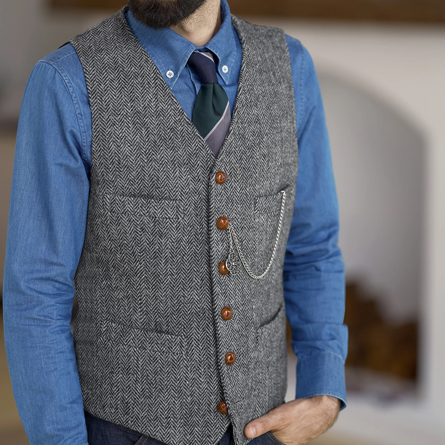 

Autumn and Winter High-End Retro Herringbone Wool Tweed Vest British Gentleman Slim Fit Men's Vest