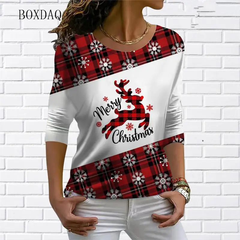 Christmas Women's Sweatshirt Designer Round Neck Long Sleeve Loose Casual Christmas Plaid Stitching Elk Fun Pattern Print Top