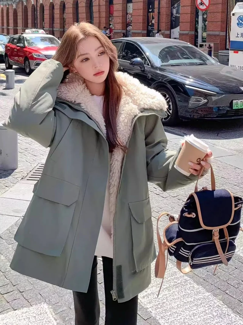Lamb Fur Inner Lining Down Cotton Jacket For Women's Winter New Style Warmth Thick Coat Windbreaker Outerwear W1183