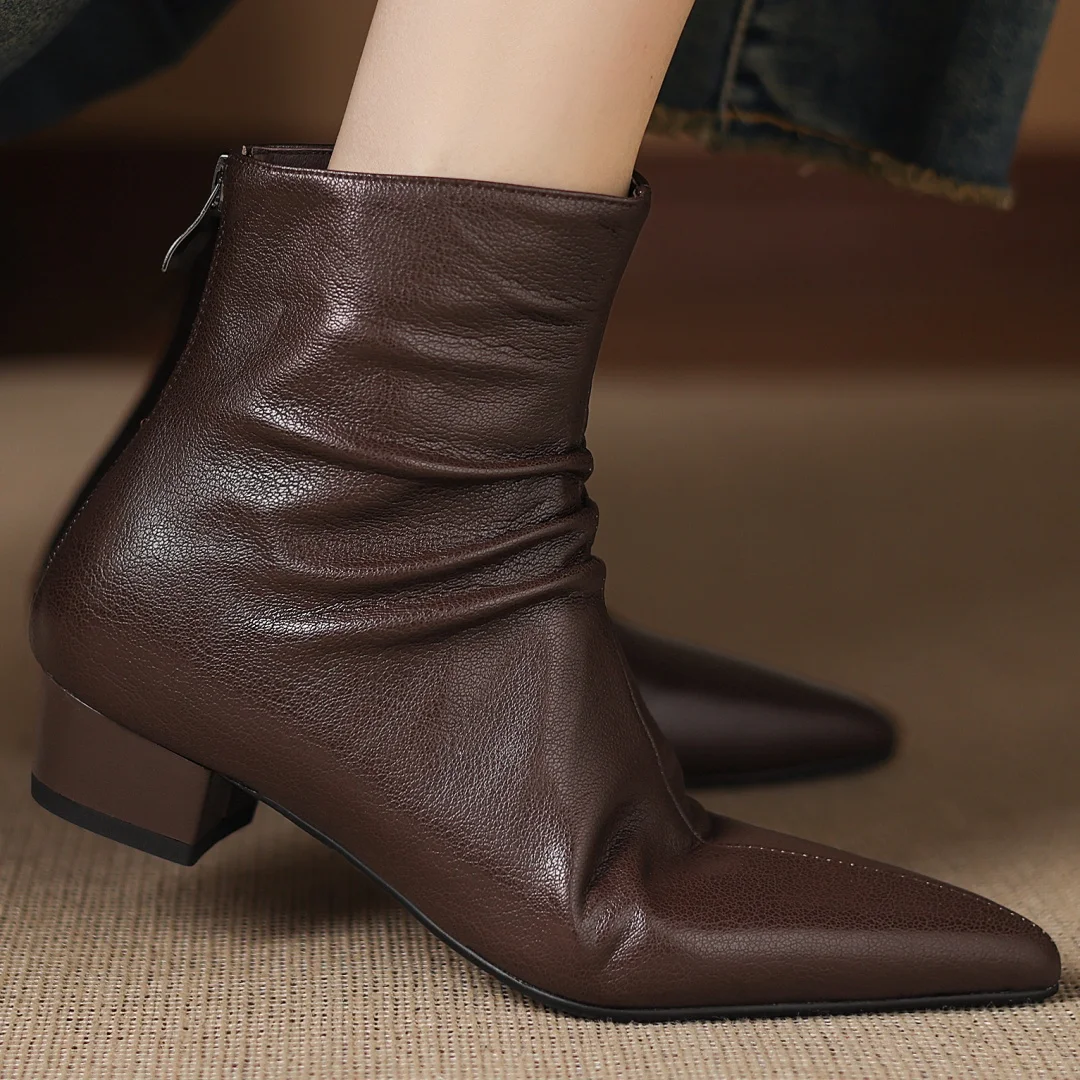 

Женские осенние ботильоны из овчины со складками и острым носком на молнии сзади, элегантные женские повседневные тонкие короткие ботильоны на низком каблуке толщиной 3,5 см