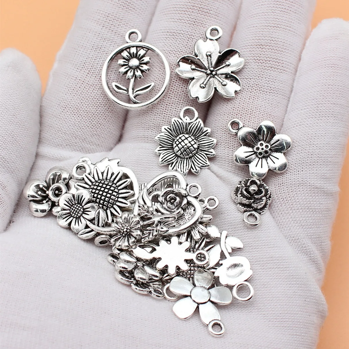 24pcs Antique Silver Color Flower Charms Collection For DIY Jewelry Making, 24 Styles, 1 of Each