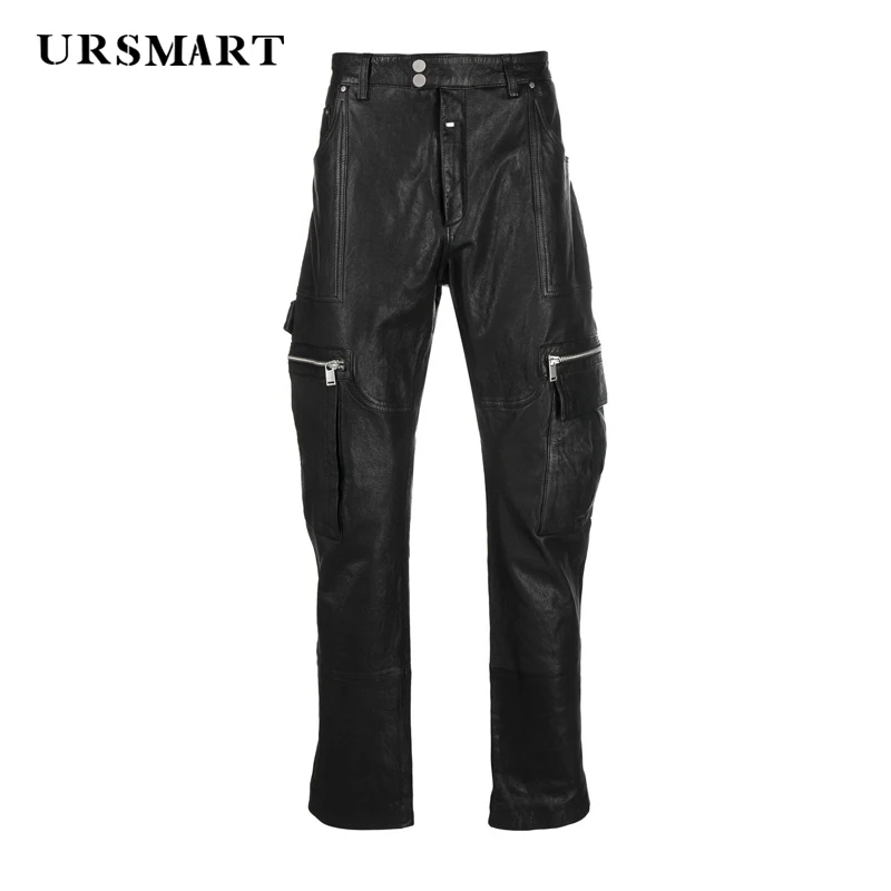 Men's biker Leather Pants British Fashion 2024 Spring and Autumn New Product Customized Black Sheepskin Pants for Men