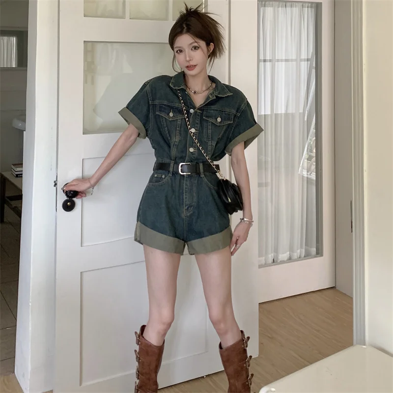 Denim Jumpsuit Women's Summer High Waisted Shorts Small Sweet Cool Suit Jumpsuit Straight Leg Wide Leg Pants