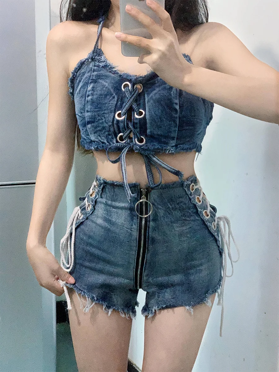 Celana Pendek Denim Pinggang Tinggi Seksi Celana Pendek Musim Panas Musim Gugur Wanita Celana Jeans Wanita Super Store Kancing Kain Bergaris