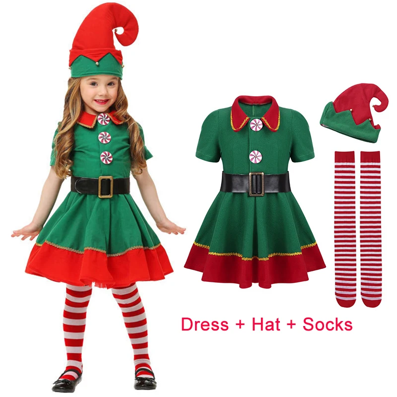 2024 Green Elf Girls christmas Costume Festival Santa Clause for Girls New Year chilren clothing Fancy Dress Xmas Party Dress