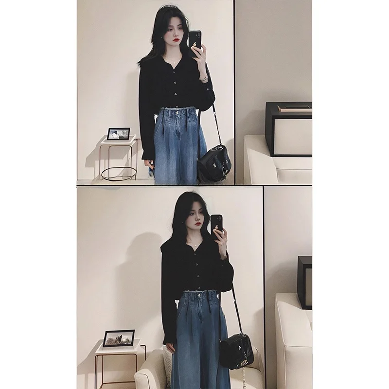 Setelan Dua Potong Pakaian Wanita Musim Gugur, Atasan Korea Model Lengan Panjang dan Celana Jeans Kaki Lebar, Gaya Elegan Kasual
