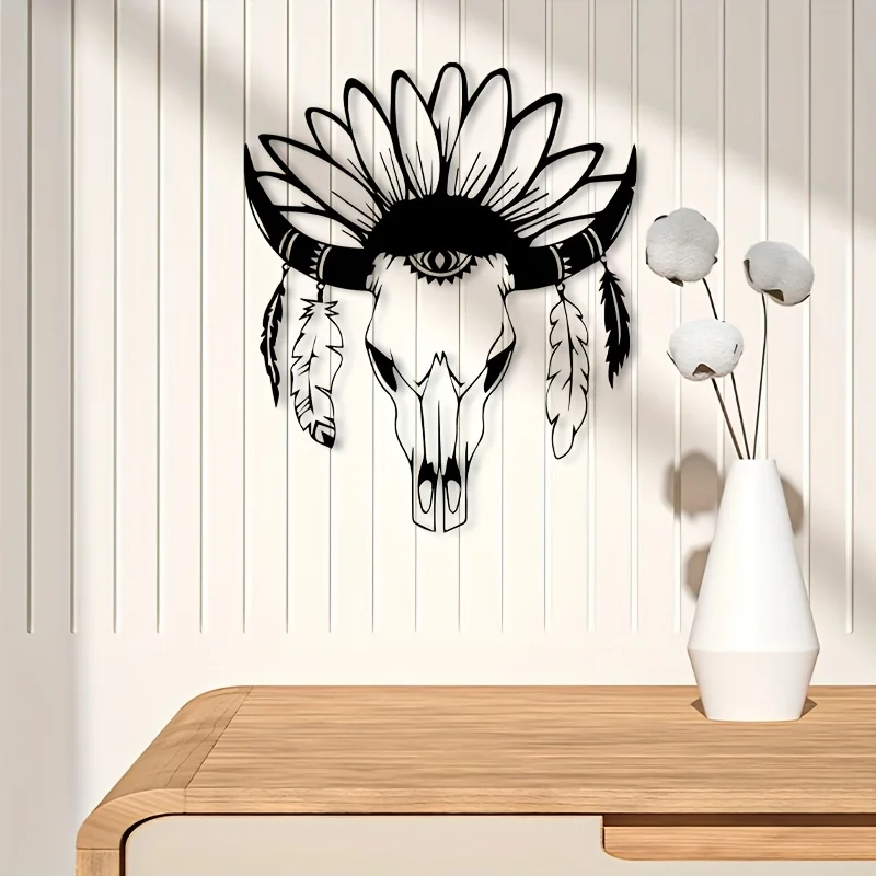 CIFBUY Iron Wall Art Cow Skull Metal Decor Powder Coated Bull Horns Rustic Southwestern Farmhouse Cabin Indoor Outdoor