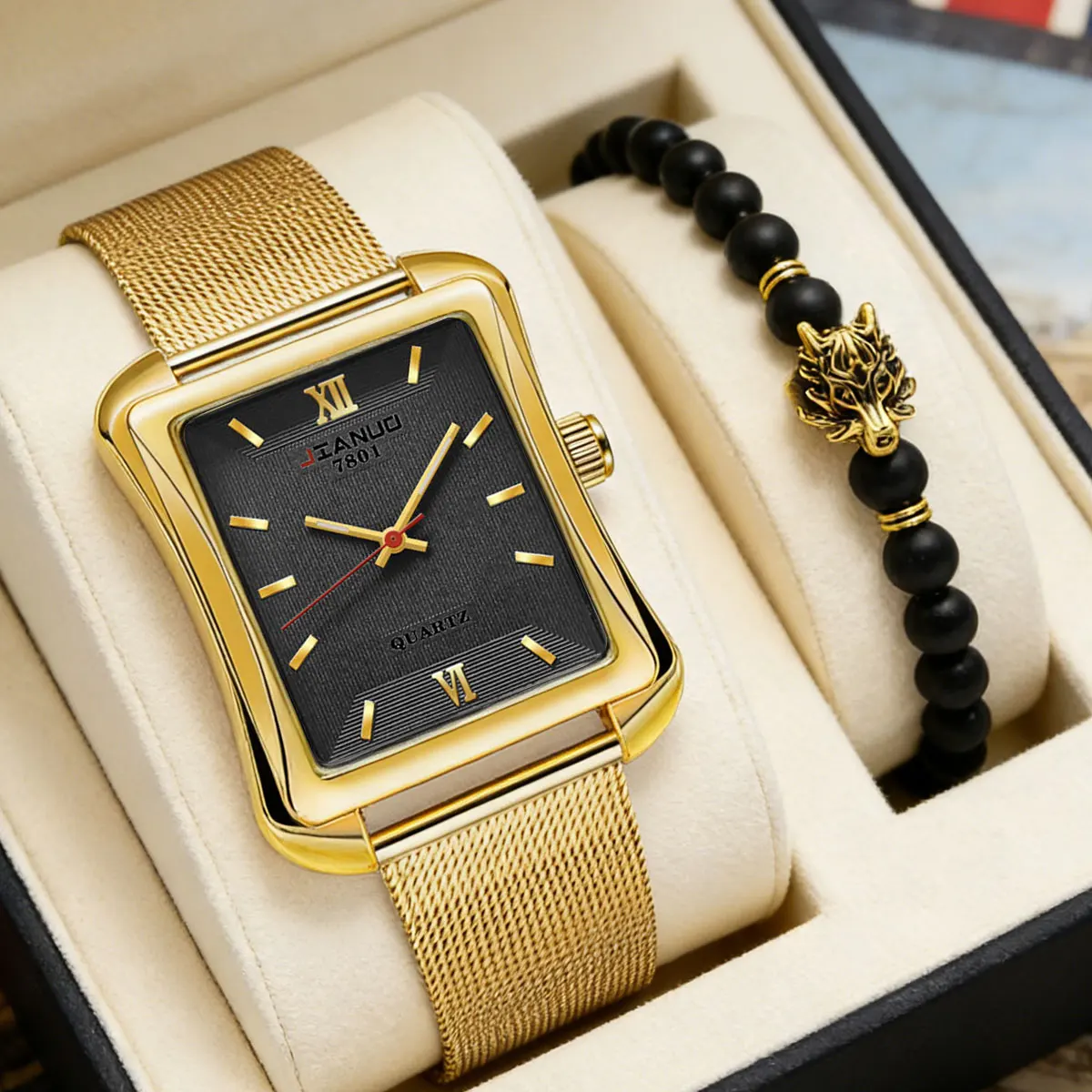 Gold Large Rectangle Men's Watch with Simple Scale Matching Dragon Head Bracelet 2-Piece Set Casual Style