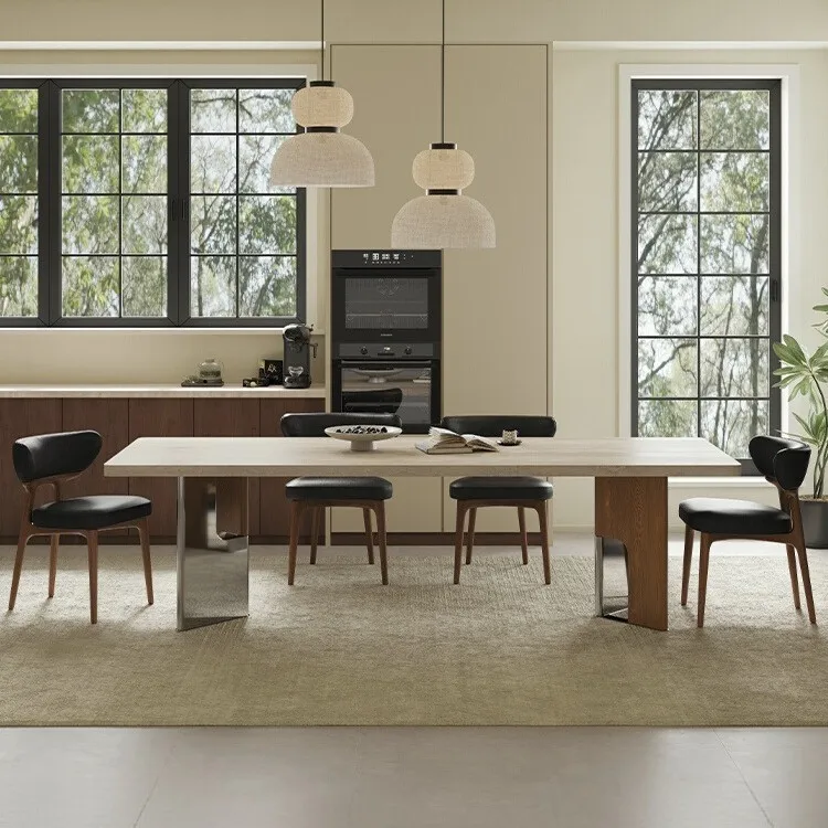French retro travertine rock slab high-end dining table and chairs, solid wood home villa hanging rectangular