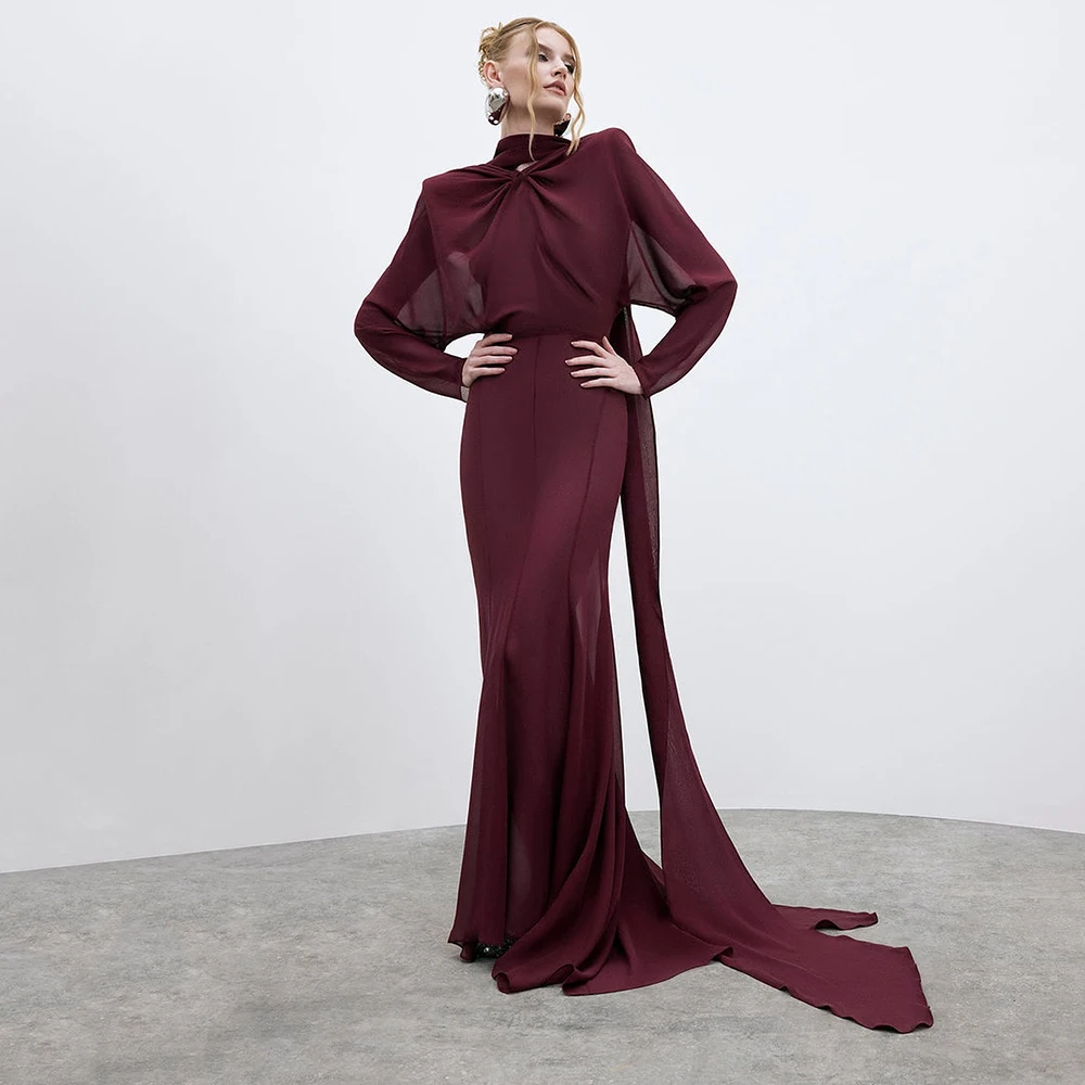 

Шифоновое вечернее платье русалки с высоким вырезом по индивидуальному заказу, вечернее платье с длинными рукавами и скользящим шлейфом, длиной до пола, платье для выпускного вечера для женщин