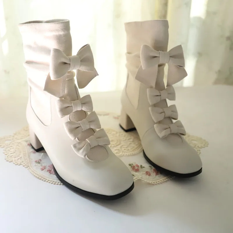 Fashion Street Style Bow Female High Heels Boots Winter Short Mid Heel Stretch Boots Women's Shoes