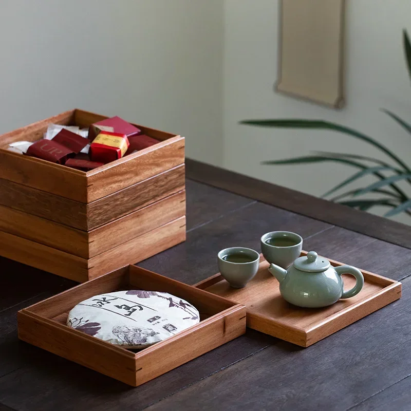 Chinese Bamboo Square Food Tray Solid Wood Tea Set Tray Home Breakfast Tray Cake Tray Flower Pot Bonsai Gardening Holder