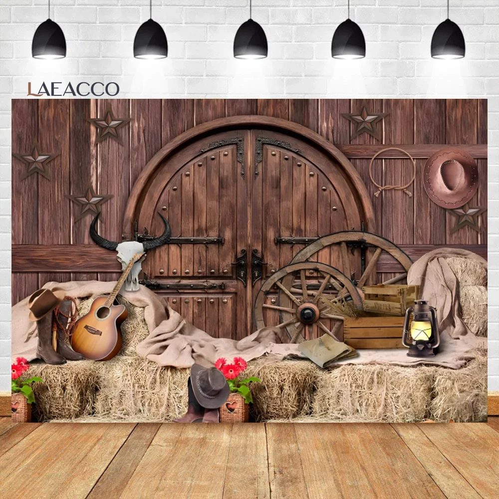 Laeacco West Cowboy Themed Backdrop Boots Hat Wheel Wood Board Saloon Boy Kids Baby Shower Party Portrait Photography Background