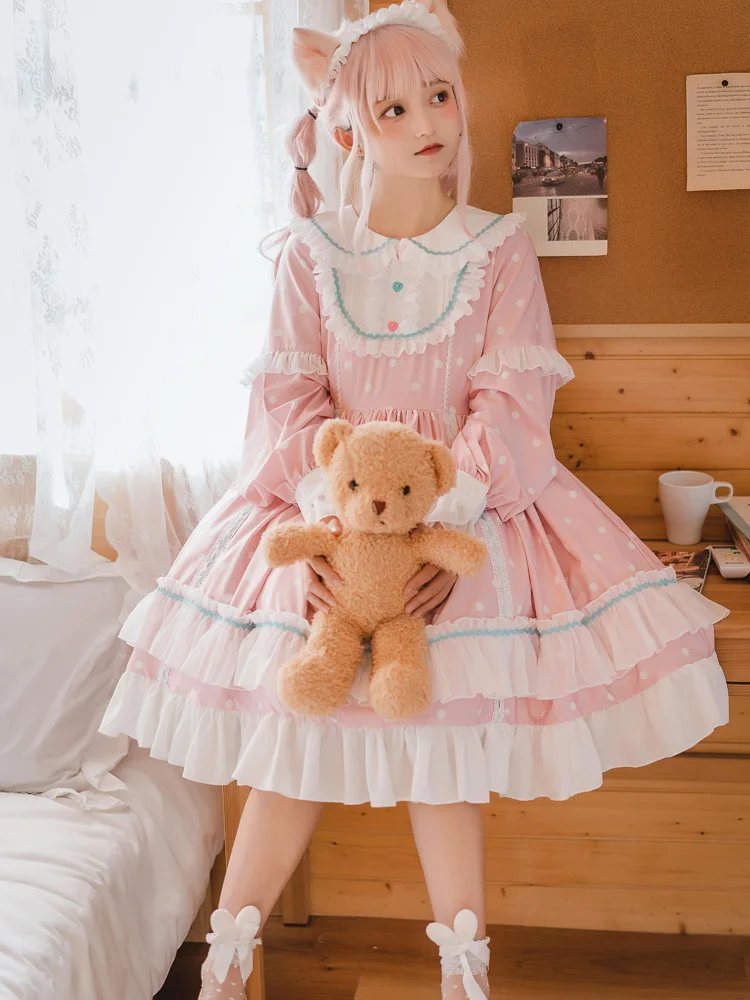 

Janpanese Lolita Style Long Sleeve Dress 2022 Women Japanese Sweet Cute Spring Autumn Doll Collar Ruffles Op Dresses Midi Dress