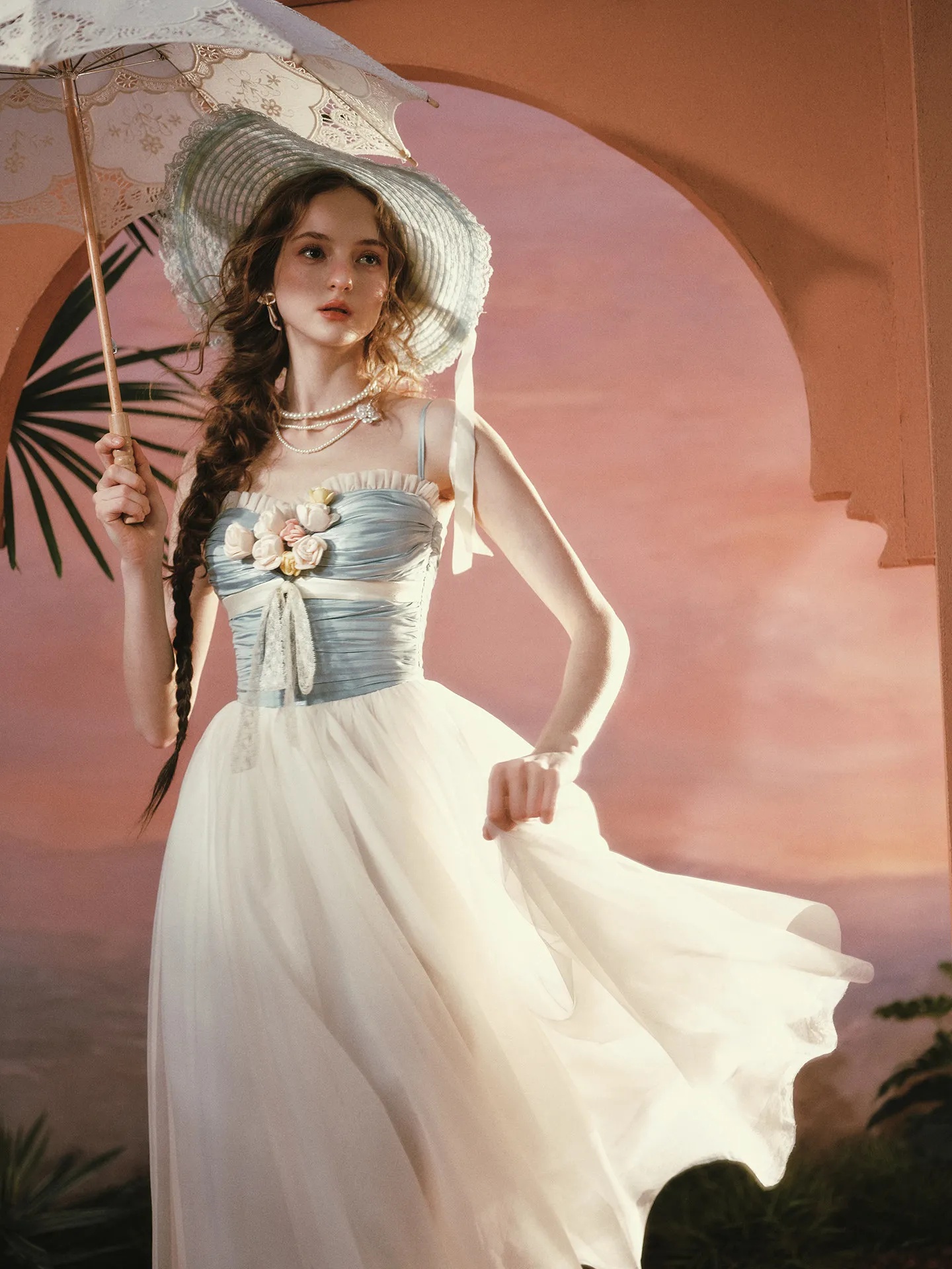 

78-101cm Bust Summer Slip Dress Women French Vintage Elegant Slim Satin Mesh Gown Handmade Floral Appliqué Spaghetti Strap Dress