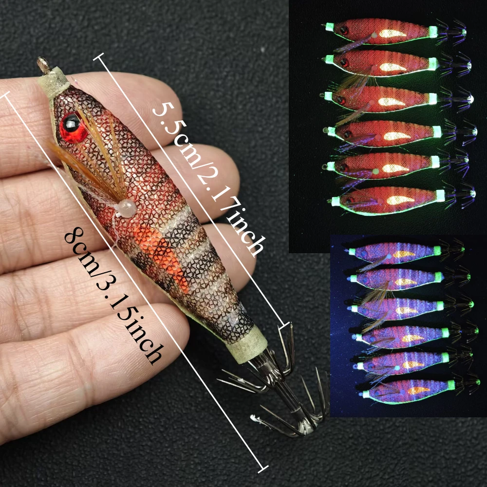 6 Stück/Set 8cm Garnelen-Köder Leuchtende Salzwasser-Angelköder Tintenfisch-Jig-Haken Garnelen Horizontaler Tintenfisch-Jig Egi-Set – Detail 1