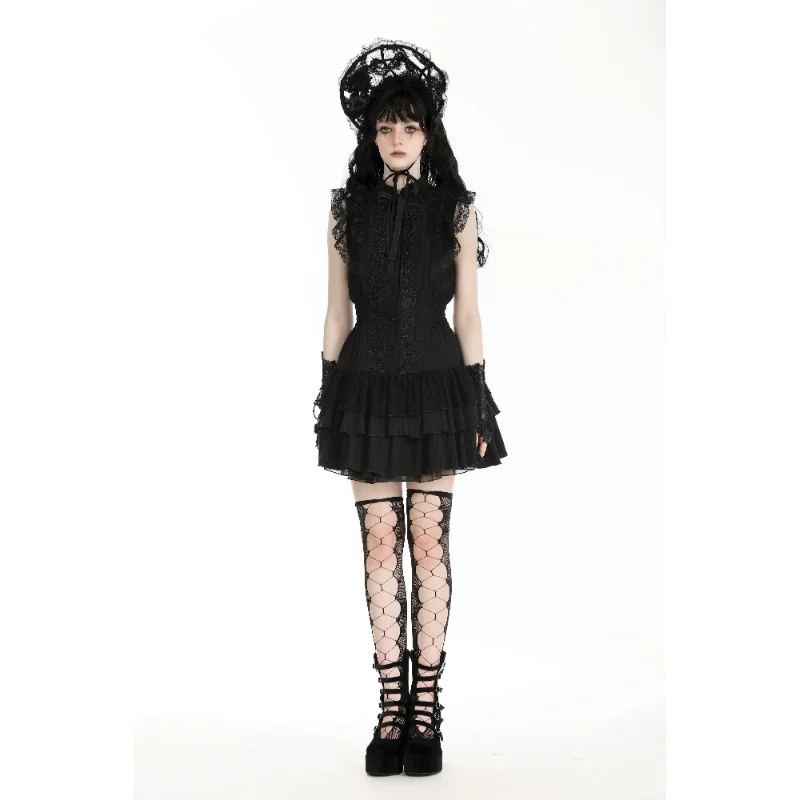 Gótico escuro renda guarnição doce legal roupas femininas design original 2025 verão novo preto sem mangas curto em camadas vestidos senhoras