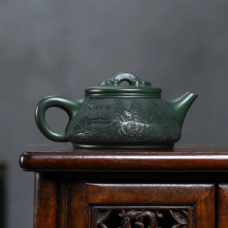 التقليد ييشينغ الأرجواني الطين إبريق الشاي الصينية اليدوية المشهد براد شاي الخام الخام الأخضر الطين غلاية المنزلية Zisha Teaware 340 مللي