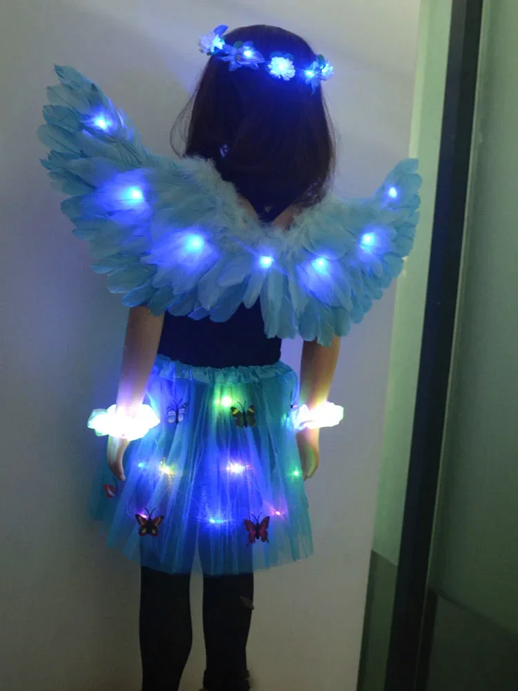 Costume d'Ange Shoe avec Lumière LED, Aile de Plumes, Halo, Anneau, Couronne, Jupe Papillon, Lueur, ixd'Anniversaire, Mariage, Noël, pour Adulte et Enfant