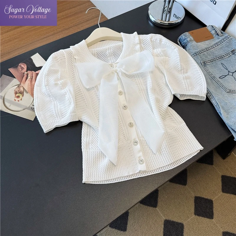 

French Sweet Palace Style Knit Cardigan Women Bow Square Neck Hollow Out Short Sleeve Slim Fit Summer Tops Japanese Cute Shirt