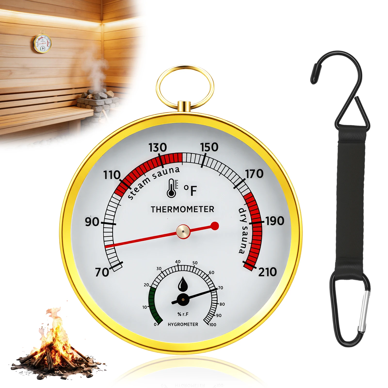 Sauna Thermometer and Hygrometer (Fahrenheit) with Strap Mount Portable Temperature Humidity Monitor for Steam Room Home Indoor