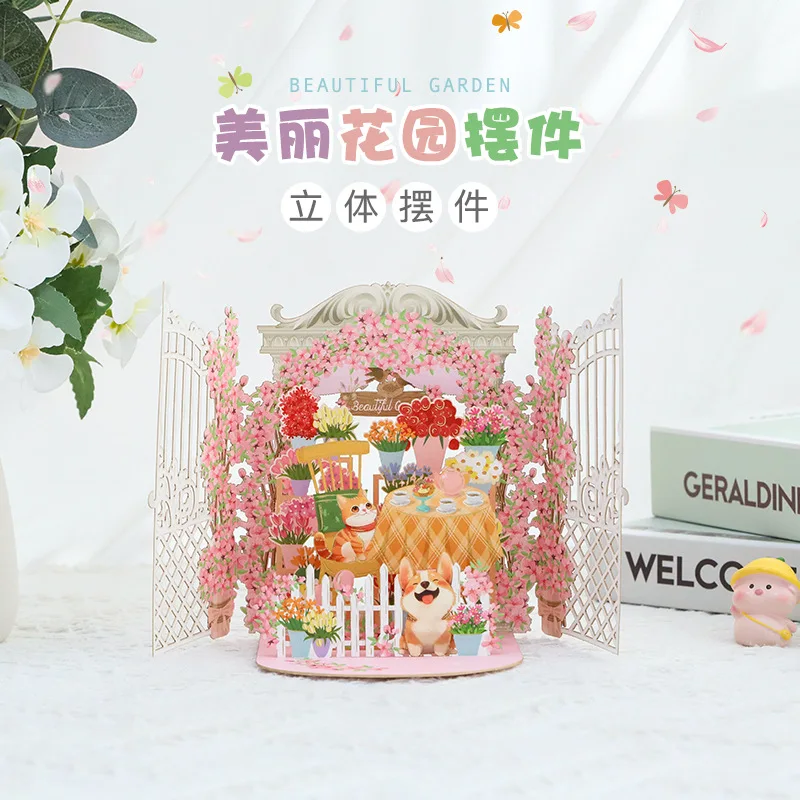 

Pink Flowers Garden pop-up greeting card, birthday anniversary gift for your lover mother teacher Spring comfortable cozy kitten