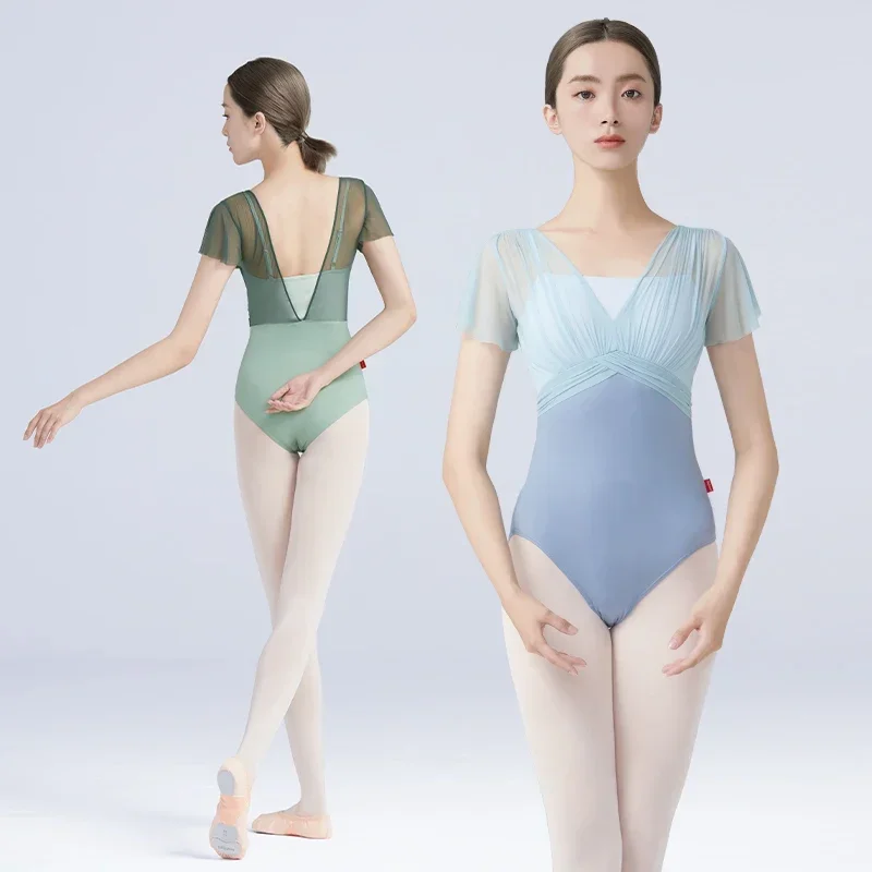 

Women Ballet Leotards Dance Leotard Nylon Spliced Short Sleeve Pleats Ballet Bodysuit Adult Fake Two Piece Gymnastics Leotards