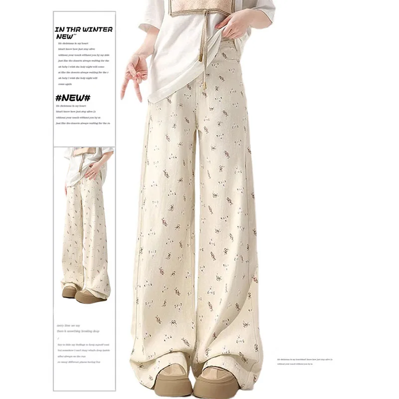 

High Waist Wide Leg Printed Pants Women Loose Casual Straight Trousers Korean Style Summer Lightweight jeans